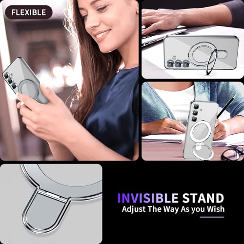 Image of Magnetic Stand & Full Camera Lens Protector Case for Samsung Galaxy S24 [Compatible with MagSafe][Military Drop Protective] Not Yellowing Clear Slim Soft S24 Phone Case for Women Men,Silver