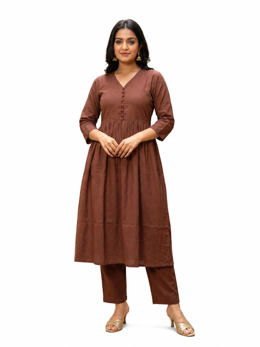 Women's Long Flared V-Neck with Button Details Anarkali Shape Kurta Pant Set | Casual Outfit for Office Wear Three-Quarter Sleeves-picture-58