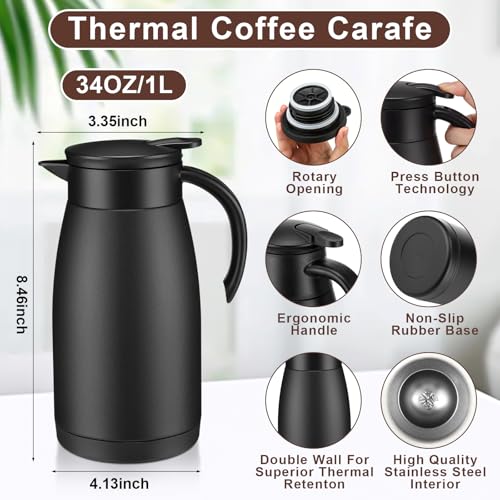 Image of Norme 2 Pcs Thermal Coffee Carafe Insulated Stainless Steel Coffee Carafe for Hot Liquid Vacuum Thermal Pot Creamer Pitcher Dispenser with Brushes Keeping Hot Water Milk(Black, Silver,34 oz)