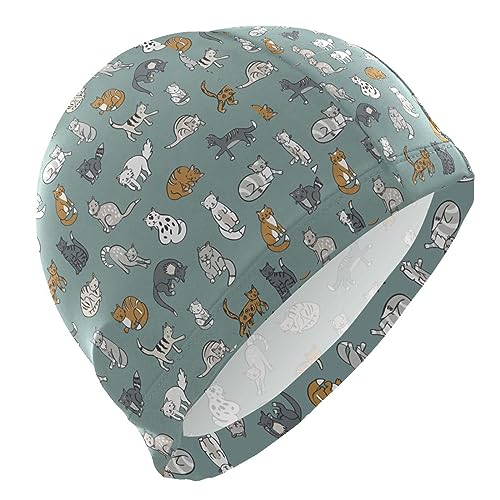 Dallonan Swimming Cap Unisex Adult Swim Cap Women Men Different Cats Polyester