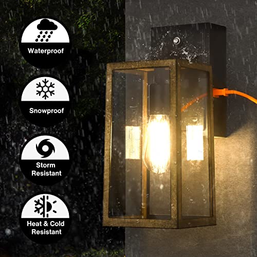 Lintem Porch Lights With Gfci Outlet, Industrial Outdoor Wall Mount Light Fixture Exterior With Rustic Wood Finish Dusk To Dawn Waterproof Wall Lantern For House Garage Doorway, Bulb Not Included #TOP7