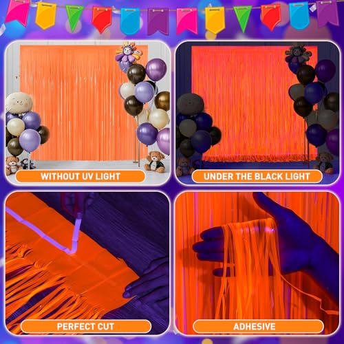 Image of 2Pack Glow in The Dark Party Supplies, Neon Party Decorations 6.6x6.6ft Fluorescent Macaron Orange Tinsel Foil Fringe Curtains, Photo Booth Prop Backdrop Luminous Streamer, Birthday Halloween Party