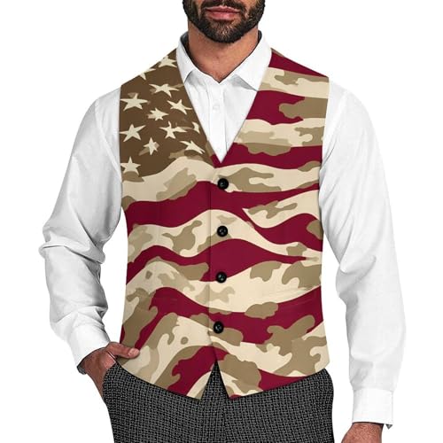U.S Flag with Desert Camouflage Men's Suit Vest Slim Fit Business Dress Party Pattern Waistcoat Vest Top