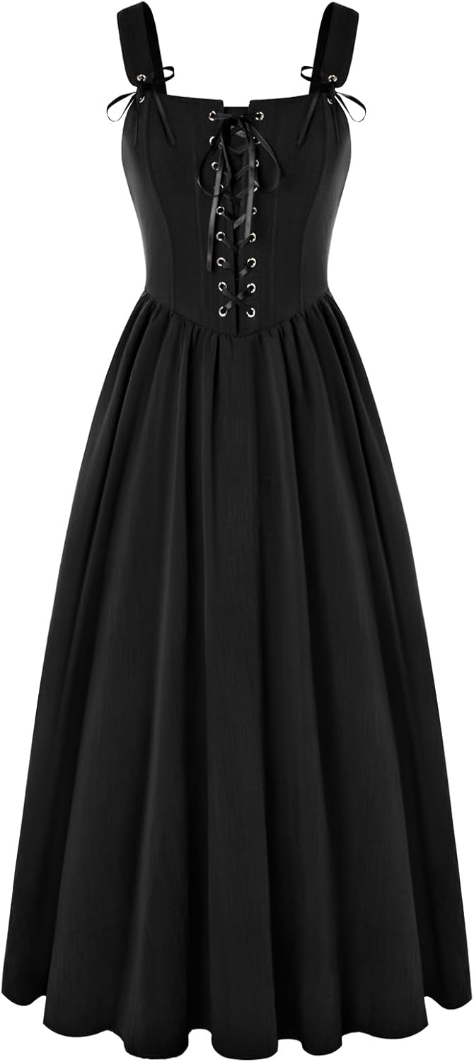 Scarlet Darkness Renaissance Dress Women Lace Up Cottagecore Sleeveless Long Dress Medieval Costume