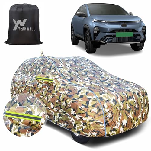 Image of Car Body Cover for Tata Curvv, 100% Waterproof, Heat-Resistant with Mirror & Antenna Pockets, Soft Cotton Lining, Triple Stitched, Green Reflector (Jungle Print)