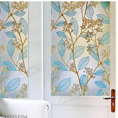 Image of WALLMATE Self Adhesive Window Film Frosted 3D Glass Door Window Frosted Film for Home /Office /Bathroom & Living Room Multicolor Frosted Film (24 x 144 Inch, Blue Leaf)