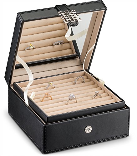 Glenor Co Ring Organizer Box - 108 Slot Classic Jewelry Display Holder - 2 Storage Trays With Modern Buckle Closure, Large Mirror - Holds Rings And Cufflinks - Pu Leather Case - Black #TOP3