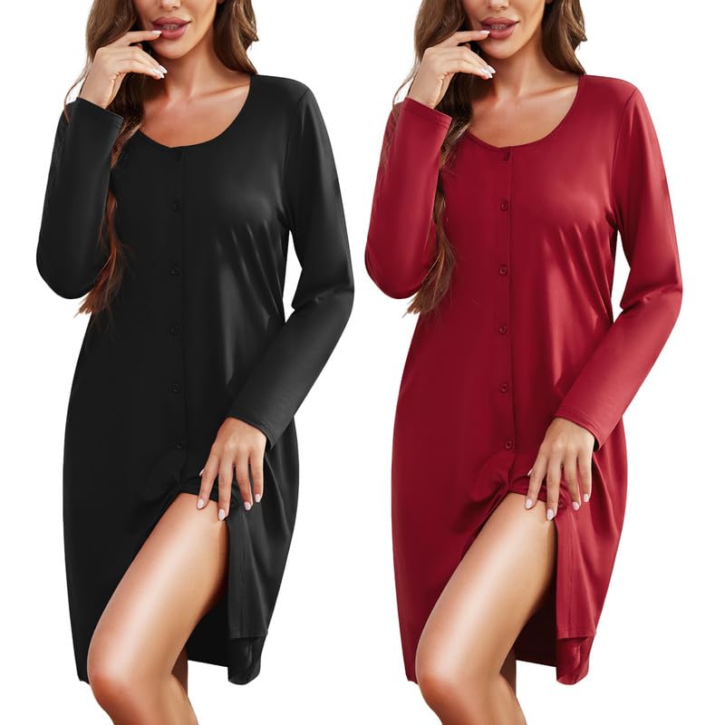 Marvmys Women's Nightgown 2 Pack Long Sleeve Button Down Sleep Shirt Nightshirt V-Neck Sleepwear Pajama Dress S-3XL