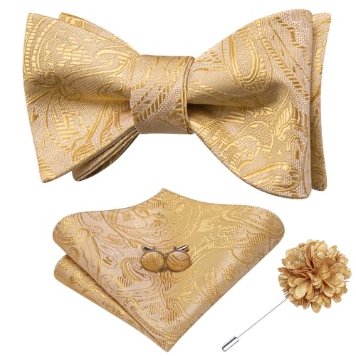 Image of Dubulle Self Tie Bow Ties and Lapel Pin for Men Paisley Solid Mens Bowtie and Handkerchief Cufflinks Set Wedding
