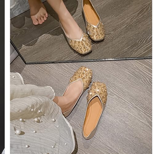 Women's Square Toe Flats Rhinestone Ballet Shoes,Fashion Wedding Flats for Women Comfortable Slip on Low Heel Shoes (B Gold,8.5)3