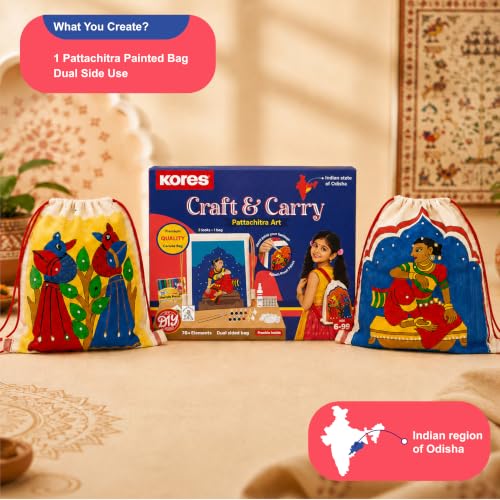 Image of Kores Craft & Carry Pattachitra Art Kit for Kids | DIY Indian Art Canvas Bag Painting Kit | Dual-Sided Drawstring Bag | Acrylic Colours, Sketch Pens, Fabric Glue, Beads, Brushes & Manual | Age 6-99
