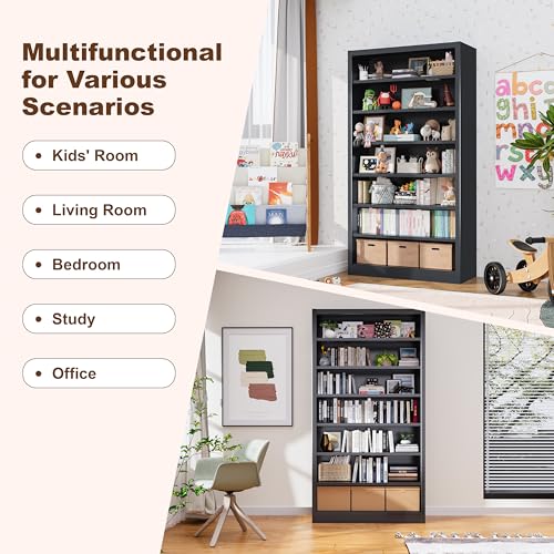 Image of Metal DVD Storage Cabinet, 7 Tier Tall Media Storage Shelf with Adjustable Shelves, Freestanding CD & DVD Rack Tower Bookshelf for Living Room, Home Entertainment,Black