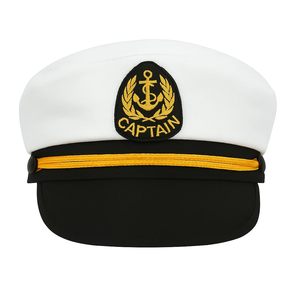 Childs Sailor Captain Hat - Pack of 1 - White Nautical Hat with Black Visor and Gold Rope Band - Fancy Dress Costume Accessory for Kids, Marine Party, Cosplay Outfit Kids Dress Up