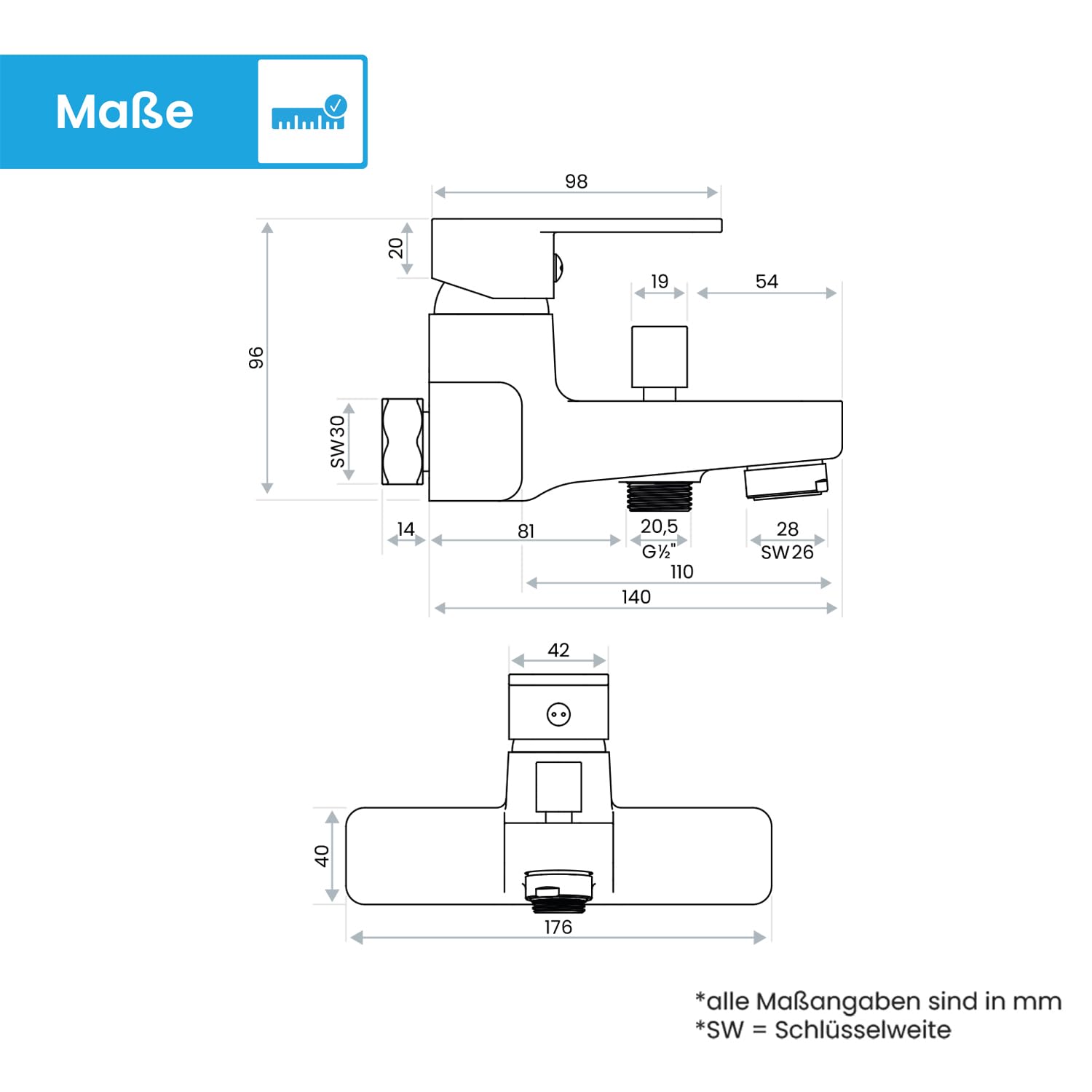 Bächlein Universal Badewannenarmatur Junias in Kantigem Design – Wannenbatterie Komplettset inkl. allem Zubehör – Einhand-Wasserhahn für die Badewanne Chrom – eckig