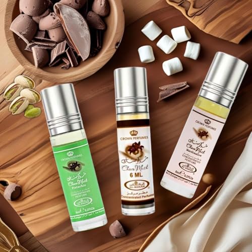 Image of Al-Rehab Choco Musk Perfume Oils - Original, Marshmallow & Pistachio 6ml (0.2 oz) | Sweet Gourmand Fragrance | Chocolate, Vanilla, Fruity & Nutty Scents | Long-Lasting Roll-On Fragrance Oils (Bundle)