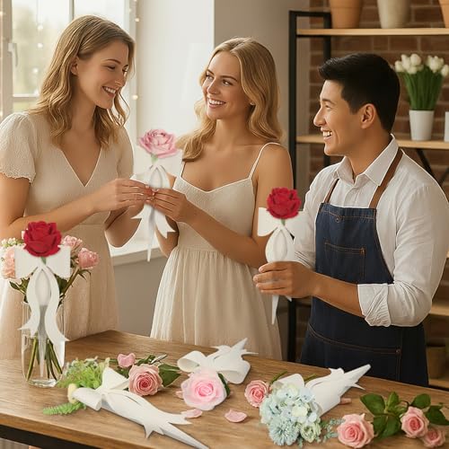 Lerheedi 24 Pcs Flower Bouquet Holder Mother's Day Single Rose Bow Theme Bags DIY Flower Wrapping Paper for Wedding Valentine Graduation Birthday Floral Arrangement(White) by Lerheedi - Used condition - Image 7