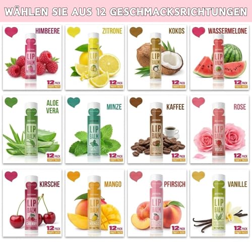 12 Stück Fruchtiges Lippenbalsam Set, Lipgloss Set mit Intensive Feuchtigkeitspflege, Lippenpflege für Sehr Trockene Lippen, Lippenpflegestift Geschenk für Teenager Mädchen & Frauen