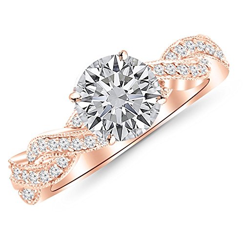 14K White Gold 3 Carat LAB GROWN DIAMOND Vintage Eternity Love Twisting Split Shank Round Cut Diamond Engagement Ring With Milgrain (G-H Color VS1-VS2 Clarity 2.5 Ct Center)