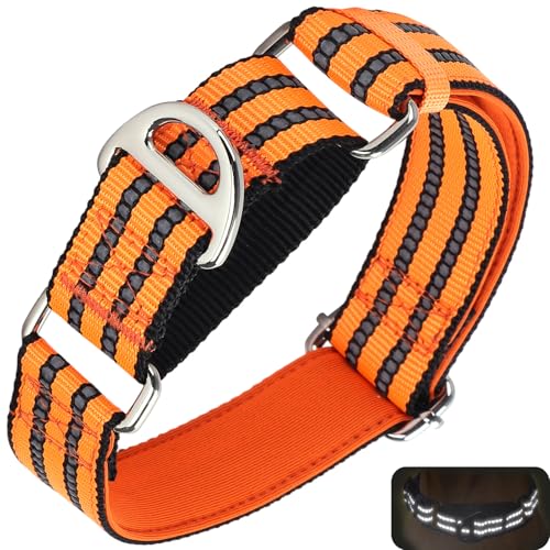 ONEFOJOJO Martingale Dog Collars for Dogs, Reflective Nylon Dog Collar with No Buckle Adjustable Training, Walking, Hunting No Slip Dog Collar (Medium,Orange)
