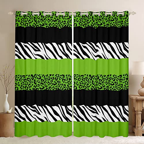 Homewish Leopard Print Kids Window Curtains,Zebra Skin Stripes Patchwork Window Drapes for Girls Boys Adults,Abstract Animals Skin Green Stylish Window Treatments Grommet Top 2 Panel Set,52Wx84L inch