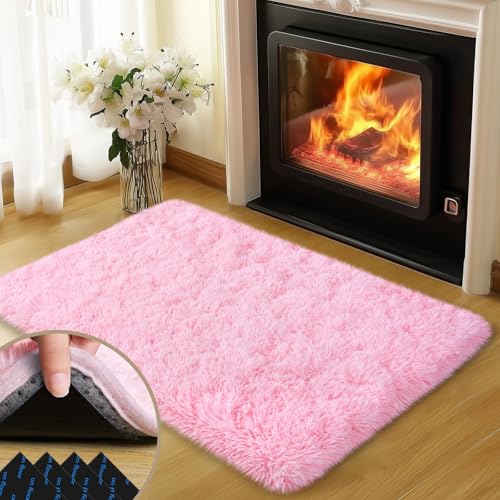 Pink Rugs for Bedroom, 2x3 Feet Fluffy Area Rugs for Living Room, Soft Shag Kids Rug Small Carpet with 4 Non-Slip Rug Pads (2ft x 3ft, Pink)