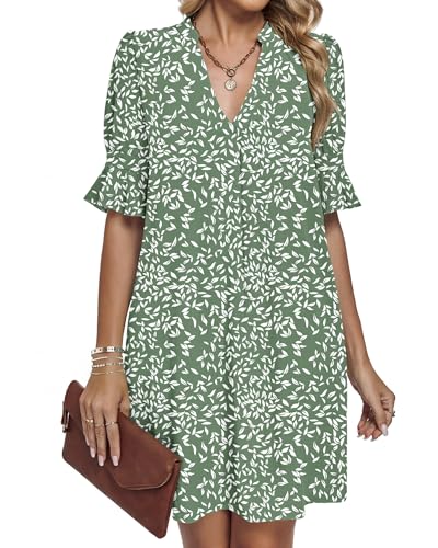 AUSELILY Vacation Dresses for Women V Neck Ruffle Short Sleeve Casual Shift Dress, Olive Green Leaves M — view 6