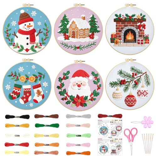 ORIGACH 6 Pcs Christmas Embroidery Kit for Beginners Stamped Design Embroidery Starter Kit Includes Cloth Hoops Threads & Needles