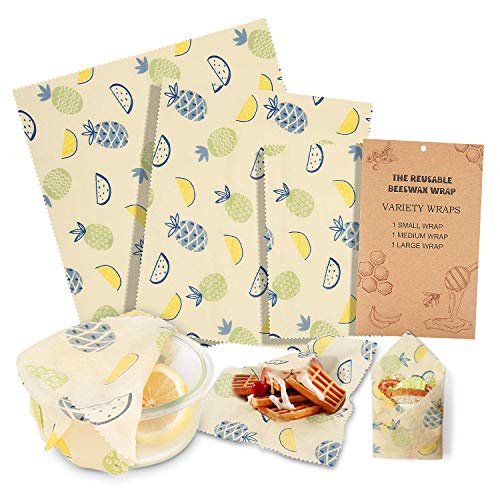 Beeswax Wrap Emballage Alimentaire Réutilisable Cire D'abeille Ensemble de 3, Homegoo de Catégorie Comestible de Capier D'emballage pour Sandwich, Fromage, Légume et Pain (1 Petit / 1 Moyen / 1 Grand)