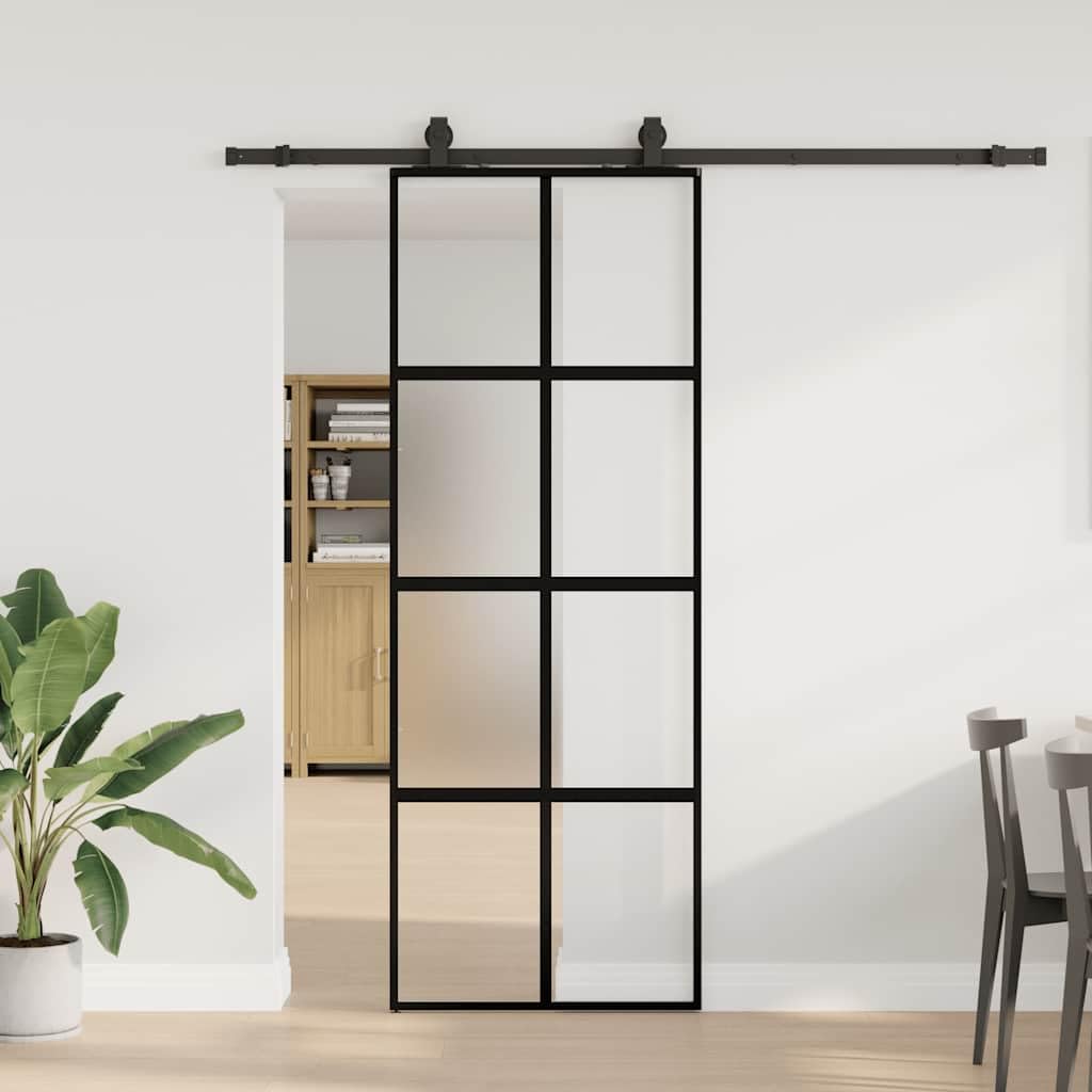 Puerta corredera con herrajes negro 76x205 cm vidrio templado, puerta corredera vidrio