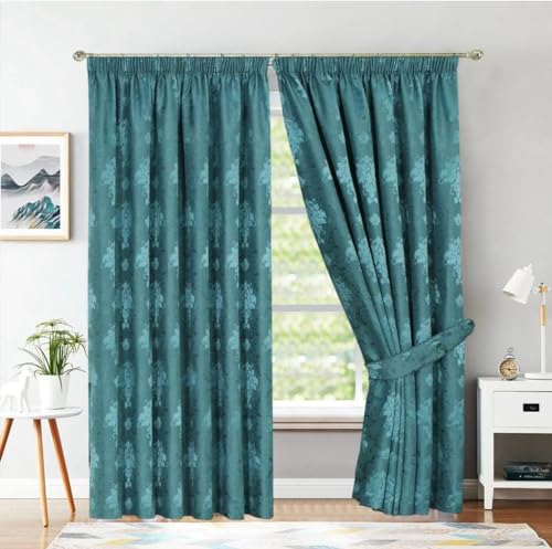 Image of Virginia Pencil Pleat Jacquard Curtains: Fully Lined, 2 Panels with Matching Tie Backs Multiple Sizes,Elegant Bedroom & Living Room Decor,Premium Polyester Material. (Teal, W 46" x L 54 ")
