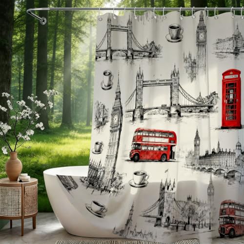 Tissu imperméable polyester rideau de douche 180x180 effet impression 3D Londres - 3