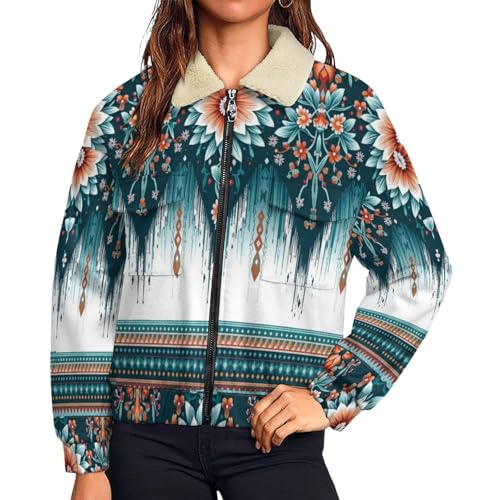 Manteau polaire à fleurs aztèques femme hiver avec imprimée art ethnique sarcelle