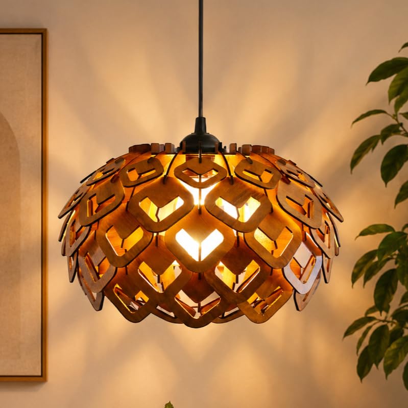 Image of Wood Pinecone Pendant lamp, Wooden Ceiling lamp, Wooden Hanging lamp handicrafted Home decore Chandelier Light (Lotus 1B)