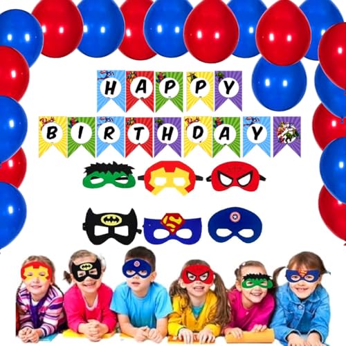 Image of Wanna Party Superhero Birthday Decoration Combo Pack for Boys - 27 Pcs Set with Happy Birthday Banner Balloons and Felt Eye Masks - Party Supplies for Kids Theme Celebration