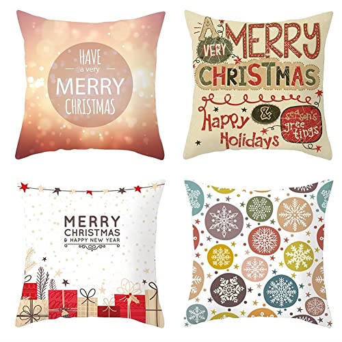 UDERUI Blanca Navidad Fundas de Cojines 50x50cm,Juego de 4 Fundas de Cojines,Impermeable Lino Doble Cara Cuadradas Decorativos Cojines para al Aire Libre Sala de Estar Sofá Decoración