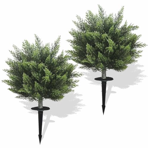 Artificial Topiary Cedar Tree 28 inch Faux Little Bush Cedar Tree UV Resistant Shrub Potted Artificial Plant for Outdoor Indoor Front Porch Garden (2 Pack)