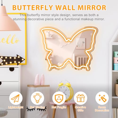 Image of Butterfly Neon Sign Mirror, LED Neon Signs for Wall Decor, 15.7'' x 12'' Dimmable Neon Light for Teen Girls & Kids Birthday Party Gift, Neon Sign for Girl Room Decor, Wall Mirror, USB Powered (Warm White)