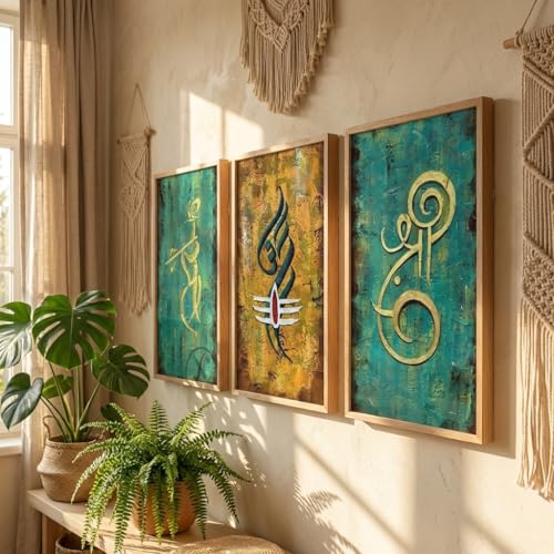 Image of Livin'luxe Set of 3 Abstract Spiritual Wall Paintings for Living Room Bedroom Home Decor with Premium Wooden Color Synthetic Frame, Modern Textured Artwork (13.5 x 19.5 Inch) NM03-54