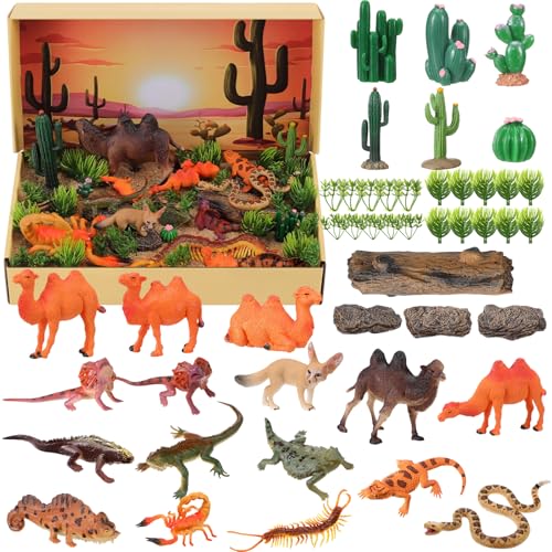 Teyva Daily 48 Pcs Desert Diorama Kit Habitat Project Box Set 3D Desert Diorama Supplies Include Deserts Animal Figures Model Cactus Kit with Reptiles Camel Fox Lizard Snake for DIY Crafts Gift