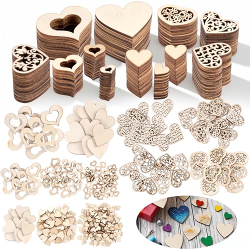 VGOODALL 510 Stück Holzherzen Deko, Natur Holz Herzen in 5 Größen 10-40mm mit 10m Schnur,...