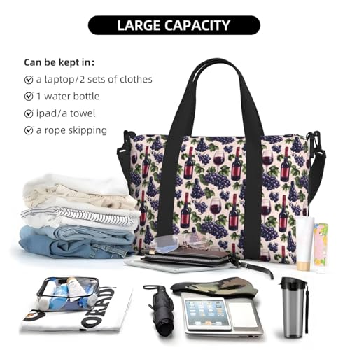 Travel Duffle Bags For Women Men - Grape Wine Print Personal Item Weekender Overnight Gym Carry On Airport Tote Bag With Strap For Yoga, Travel, Business Trips4