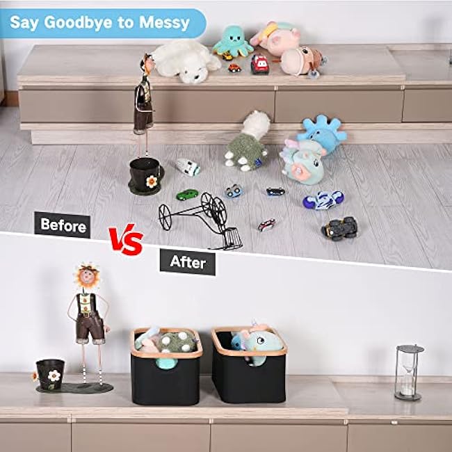 efluky Storage Baskets for Organizing, Fabric Storage Bins with Bamboo Handles, Collapsible Storage Baskets for Shelves and Closet, Black Set of 2