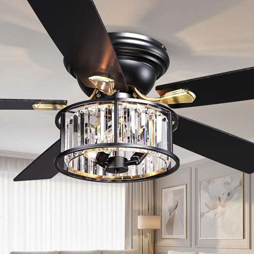 Image of 52 inch Low Profile Flush Mount Crystal Chandelier Fan with Light