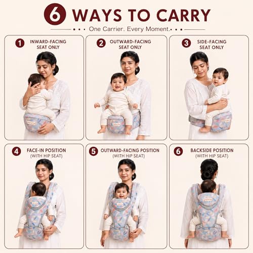 Image of Baby Carrier for 0 to 3 Year Baby | Ergonomic Kangaroo Bag with Detachable Soft Hip Seat | Baby Carrying Bag for Newborn & Toddler | 6-in-1 Baby Carrier with Pockets & Back Support (GGF44)