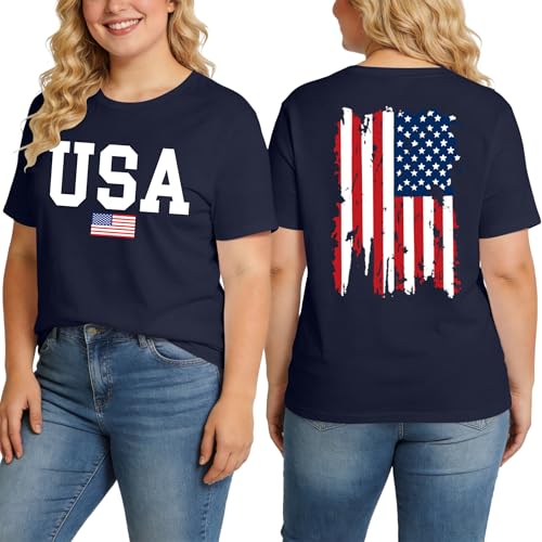 Image of Ithalt Patriotic Plus Size Shirts for Women 250th Anniversary USA Shirts American Flag Tshirt USA Short Sleeve Tops