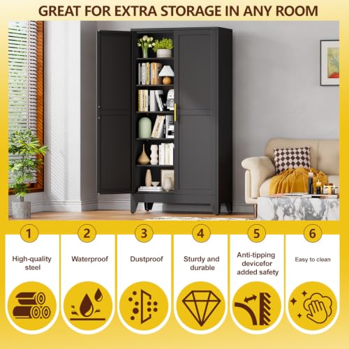 Image of PAOFIN Metal 79 inch Kitchen Pantry Cabinet, Pantry Storage Cabinet with Doors and 5 Adjustable Shelves, Freestanding Cupboard Kitchen Cabinet,Tall Cabinet for Living room,Pantry, Bathroom,Kitchen (Black)