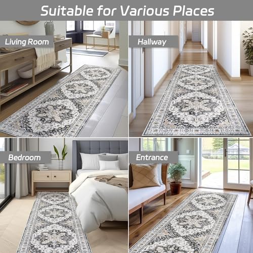 Madane Runner Rug 2x8, Washable Hallway Runner Rugs, Non-Slip Low-Pile Soft Kitchen Rug Runner Laundry Room Rug, Vintage Throw Entry Foyer Mat for Entrance Living Room (Black, 2 x 8)