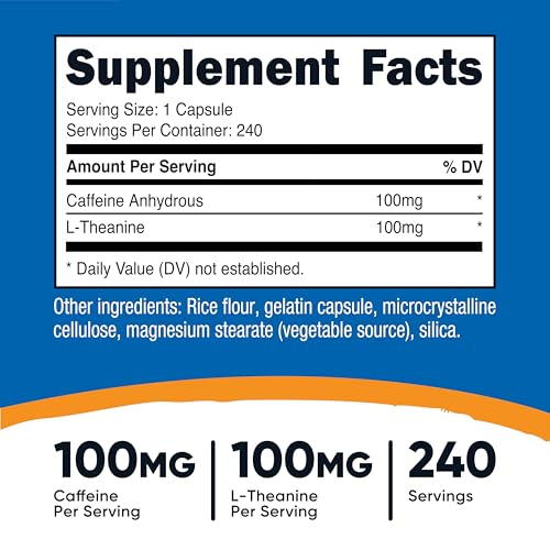 Image of Nutricost Caffeine with L-Theanine, 100mg of Each, 240 Capsules, 240 Servings - Non-GMO and Gluten Free (Pack of 2)