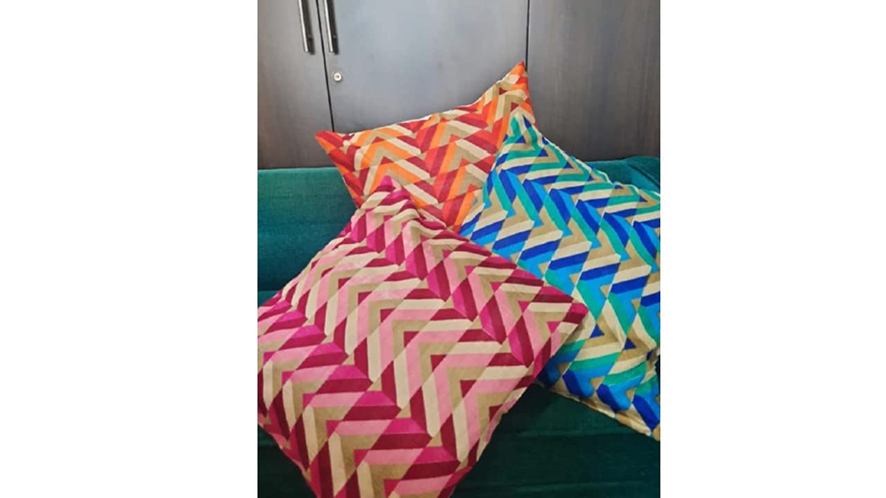 Hastkaari Decorative Hand Crafted Cushion Cover - Cotton Silk (Colours:- Orange, Blue, Pink), 16 x 16 Inches, with Zipper [H24]