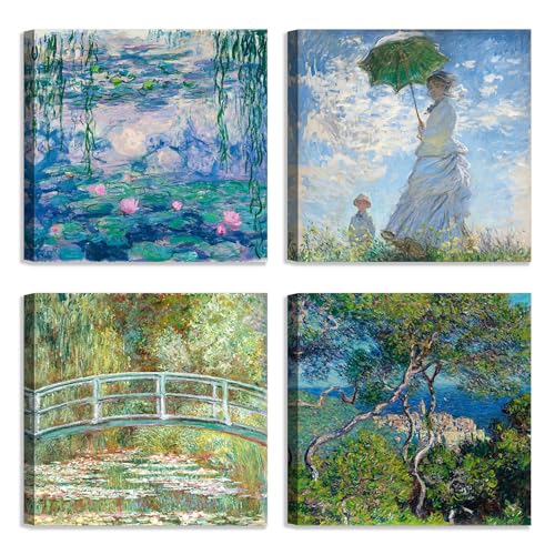 LuxHomeDecor Set di 4 quadri 30x30 cm – stampa su tela con telaio in legno stile impressionista con paesaggi, ninfee e figure femminili – Claude Monet